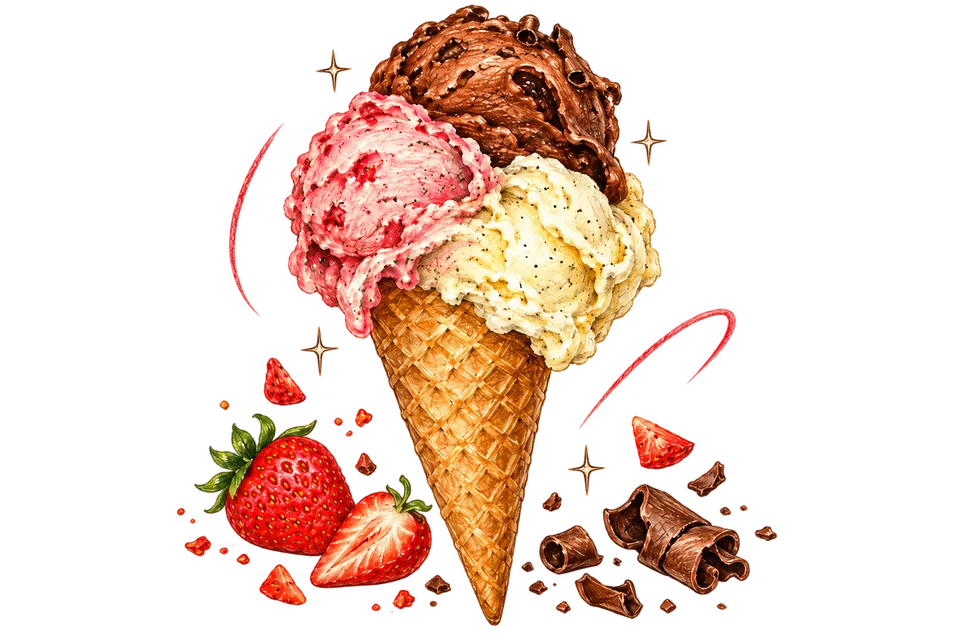 Farbige Buntstift-Illustration einer großen Eistüte mit drei Kugeln, Erdbeeren und Schokolade